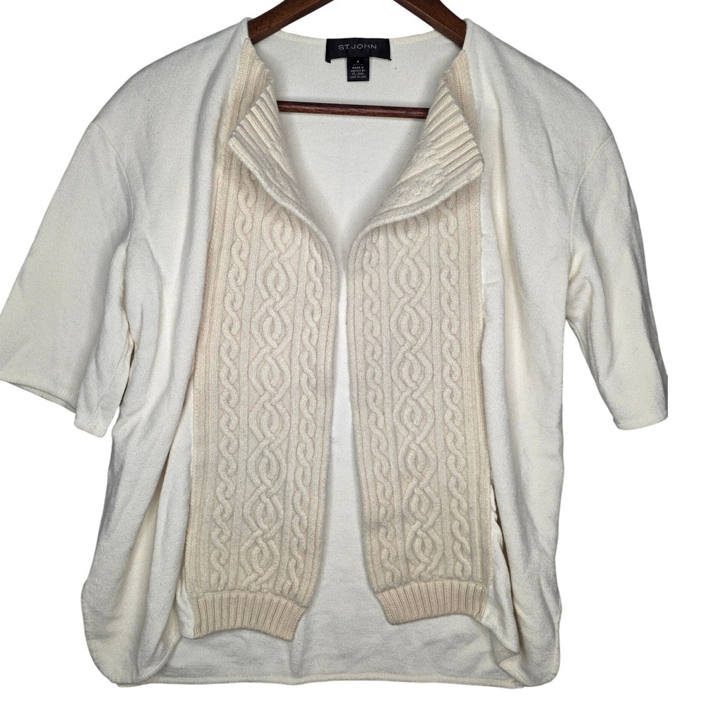 St. John Open Front Knit Cardigan Sweater‎ Small Off-White Cable knit Wool blend